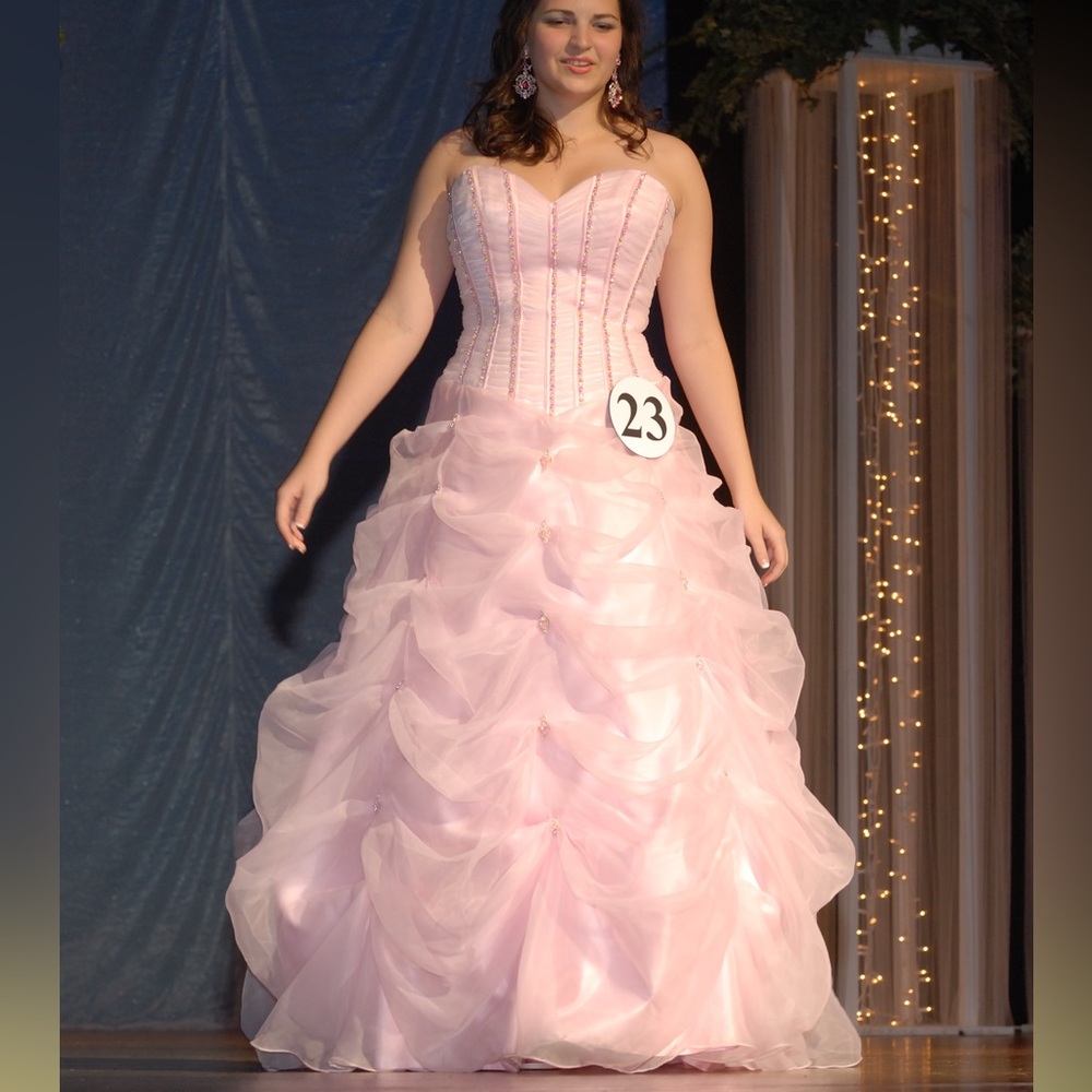 Precious Formals size 14 Carnation Pink evening gown, beads, sequins, P20172 EUC